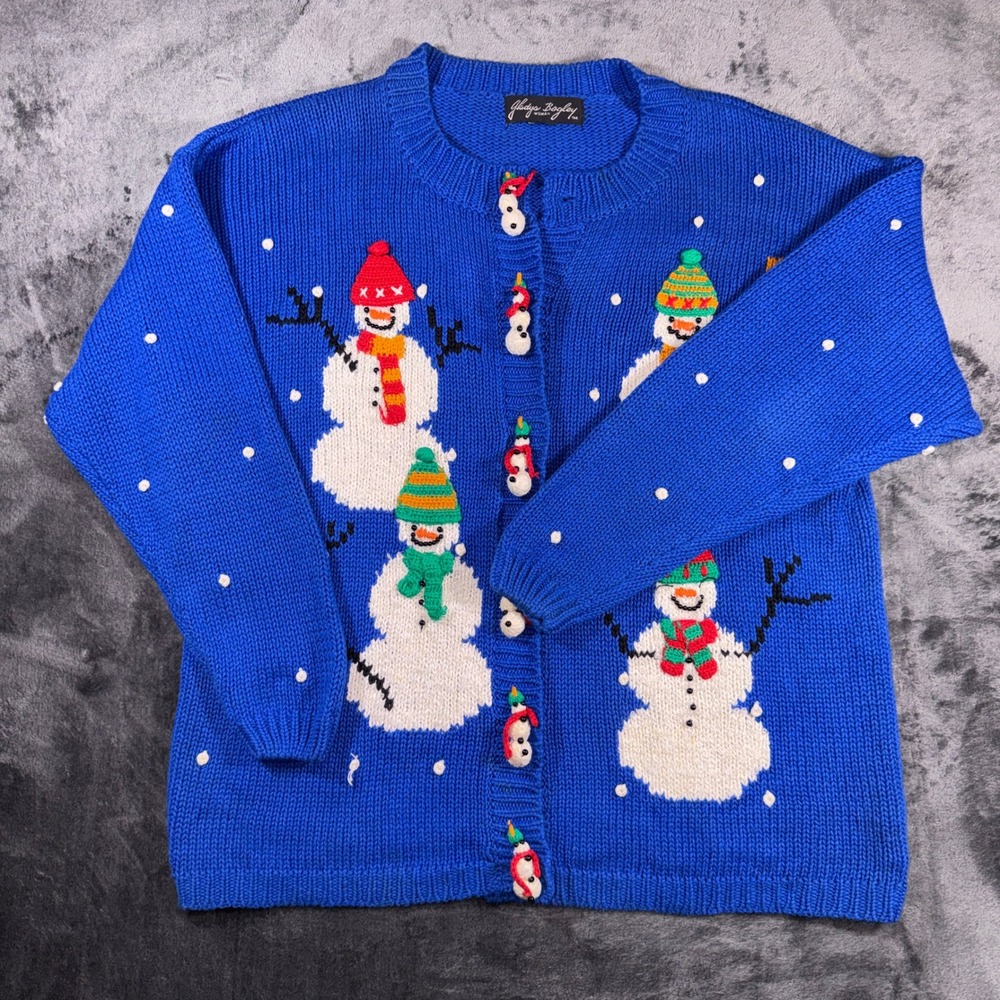 Vintage Gladys Bagley Woman Blue Snowman Holiday Christmas Cardigan Sweater